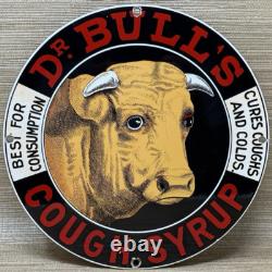 Vintage Dr Bull's Porcelain Sign Gas Station Oil Cow Farm Pharmacy Cough Syrup