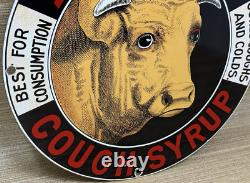 Vintage Dr Bull's Porcelain Sign Gas Station Oil Cow Farm Pharmacy Cough Syrup