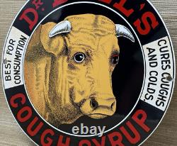 Vintage Dr Bull's Porcelain Sign Gas Station Oil Cow Farm Pharmacy Cough Syrup
