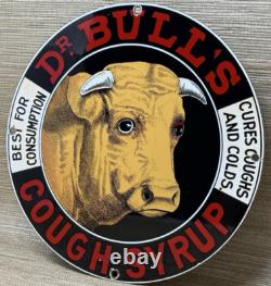 Vintage Dr Bull's Porcelain Sign Gas Station Oil Cow Farm Pharmacy Cough Syrup