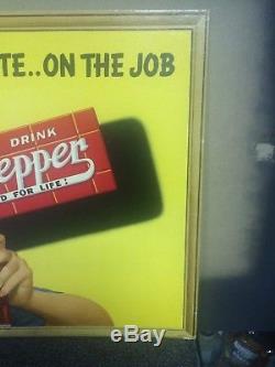 Vintage Dr Pepper Cardboard Sign Drink A Bite. On The Job Near Mint & Rare