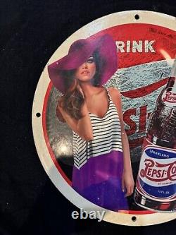 Vintage Drink Pepsi Cola Pinup Girl Porcelain Gas Oil Beverage Service Pump Sign