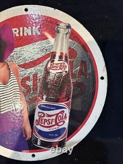 Vintage Drink Pepsi Cola Pinup Girl Porcelain Gas Oil Beverage Service Pump Sign