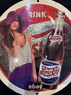 Vintage Drink Pepsi Cola Pinup Girl Porcelain Gas Oil Beverage Service Pump Sign
