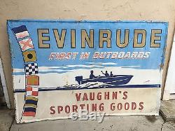 Vintage EVINRUDE FIRST IN OUTBOARDS Huge Sign VAUGHN'S SPORTING GOODS Burney Ca