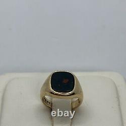 Vintage English 9k Yellow Gold Bloodstone Signet Seal Ring Signed square pinky