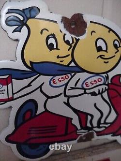 Vintage Esso Gasoline Porcelain Oil Drop Scooter Service Station Pump Plate Sign