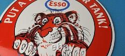 Vintage Esso Gasoline Sign Tiger Gas Service Station Auto Tank Porcelain Sign