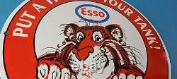 Vintage Esso Gasoline Sign Tiger Gas Service Station Auto Tank Porcelain Sign