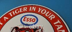 Vintage Esso Gasoline Sign Tiger Gas Service Station Auto Tank Porcelain Sign