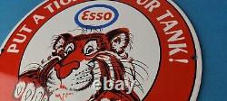 Vintage Esso Gasoline Sign Tiger Gas Service Station Auto Tank Porcelain Sign