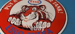 Vintage Esso Gasoline Sign Tiger Gas Service Station Auto Tank Porcelain Sign