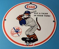 Vintage Esso Gasoline Sign Yankees Gas Service Station Baseball Porcelain Sign