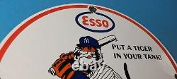 Vintage Esso Gasoline Sign Yankees Gas Service Station Baseball Porcelain Sign