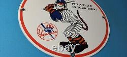 Vintage Esso Gasoline Sign Yankees Gas Service Station Baseball Porcelain Sign