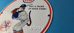 Vintage Esso Gasoline Sign Yankees Gas Service Station Baseball Porcelain Sign