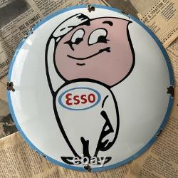 Vintage Esso Oil Drop Boy 12 Inch Convex Porcelain Enamel Sign