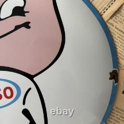 Vintage Esso Oil Drop Boy 12 Inch Convex Porcelain Enamel Sign