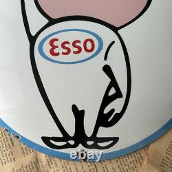 Vintage Esso Oil Drop Boy 12 Inch Convex Porcelain Enamel Sign