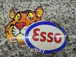 Vintage Esso Porcelain Sign Gasoine Station Pump Advertising Oil Tiger Garage