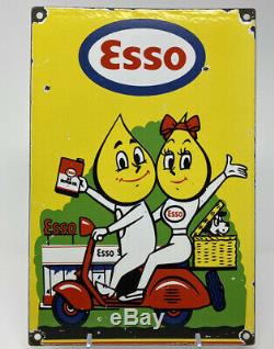 Vintage Esso Porcelain Sign Steel Gas Oil Garage Pump Plate Motor Oil Scooter