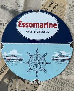 Vintage Essomarine Oils & Greases Gas Motor 12 Inch Porcelain Enamel Sign