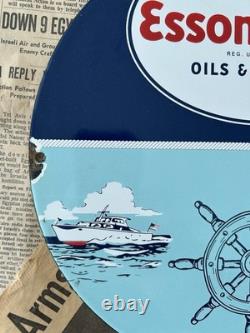 Vintage Essomarine Oils & Greases Gas Motor 12 Inch Porcelain Enamel Sign