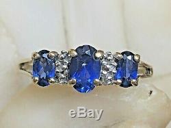Vintage Estate 10k Gold Blue Sapphire & Diamond Ring Band Wedding Signed Thl