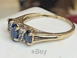 Vintage Estate 10k Gold Blue Sapphire & Diamond Ring Band Wedding Signed Thl