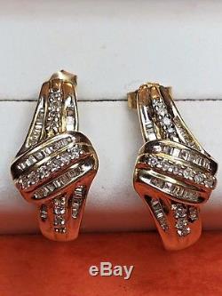 Vintage Estate 10k Gold Genuine Diamond Earrings Designer Signed Sun J Hook
