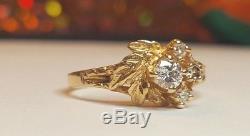 Vintage Estate 10k Gold Genuine Diamond Engagement Wedding Ring Flower Signed Pc