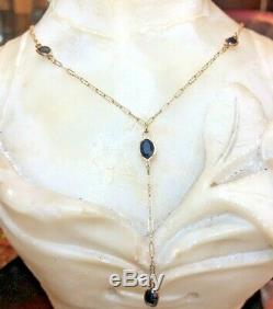 Vintage Estate 10k Gold Natural Blue Sapphire Necklace Signed CID Lariat