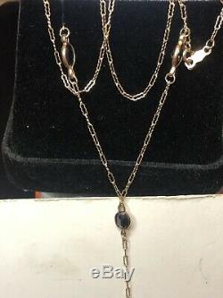 Vintage Estate 10k Gold Natural Blue Sapphire Necklace Signed CID Lariat