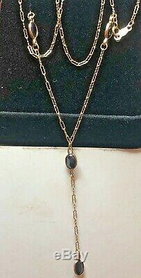 Vintage Estate 10k Gold Natural Blue Sapphire Necklace Signed CID Lariat