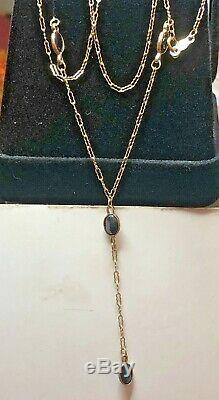 Vintage Estate 10k Gold Natural Blue Sapphire Necklace Signed CID Lariat