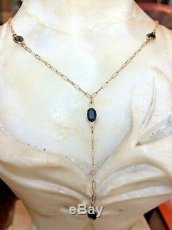 Vintage Estate 10k Gold Natural Blue Sapphire Necklace Signed CID Lariat