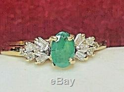 Vintage Estate 10k Gold Natural Green Emerald Diamond Ring Gemstone Signed Fth