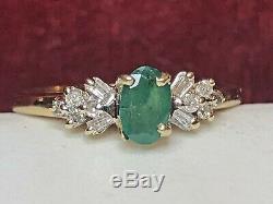 Vintage Estate 10k Gold Natural Green Emerald Diamond Ring Gemstone Signed Fth