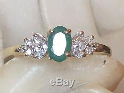 Vintage Estate 10k Gold Natural Green Emerald Diamond Ring Gemstone Signed Fth
