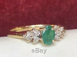 Vintage Estate 10k Gold Natural Green Emerald Diamond Ring Gemstone Signed Fth