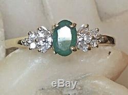 Vintage Estate 10k Gold Natural Green Emerald Diamond Ring Gemstone Signed Fth