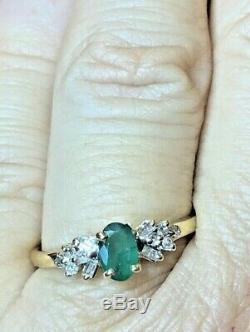 Vintage Estate 10k Gold Natural Green Emerald Diamond Ring Gemstone Signed Fth