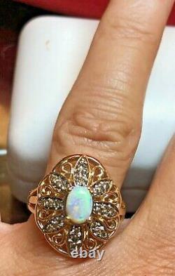 Vintage Estate 10k Gold Natural Opal & Diamond Ring Engagement Signed Jcr