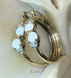 Vintage Estate 10k Gold Opal & Diamonds Hoop Earrings Hearts Signed C C