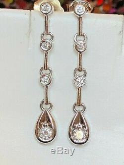 Vintage Estate 10k White Gold Natural Diamond Earrings Drop Wedding Signed Fd