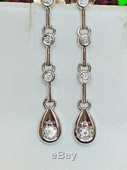 Vintage Estate 10k White Gold Natural Diamond Earrings Drop Wedding Signed Fd