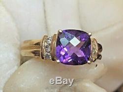 Vintage Estate 14k Gold Amethyst Diamond Ring Engagement Cushion Cut Signed CID