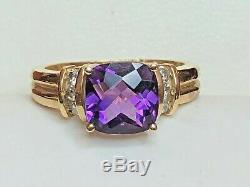 Vintage Estate 14k Gold Amethyst Diamond Ring Engagement Cushion Cut Signed CID