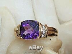 Vintage Estate 14k Gold Amethyst Diamond Ring Engagement Cushion Cut Signed CID