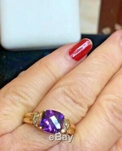 Vintage Estate 14k Gold Amethyst Diamond Ring Engagement Cushion Cut Signed CID